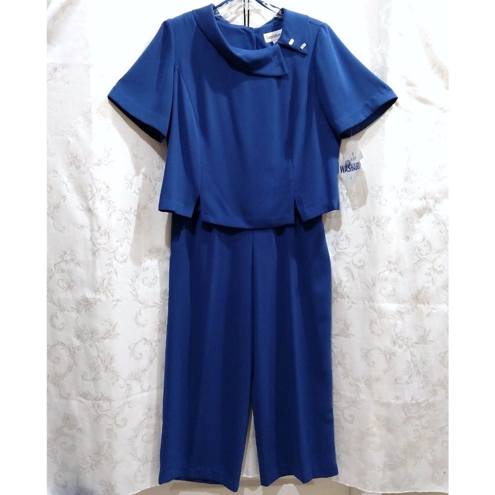 Vintage 80s Blue Crepe Pantsuit 18W Asymmetric Split Collar Tunic Wide Leg Pants